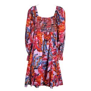 Farm Rio Floral Tropical Square Neck Ruched Puff Sleeve Midi Dress Size XS